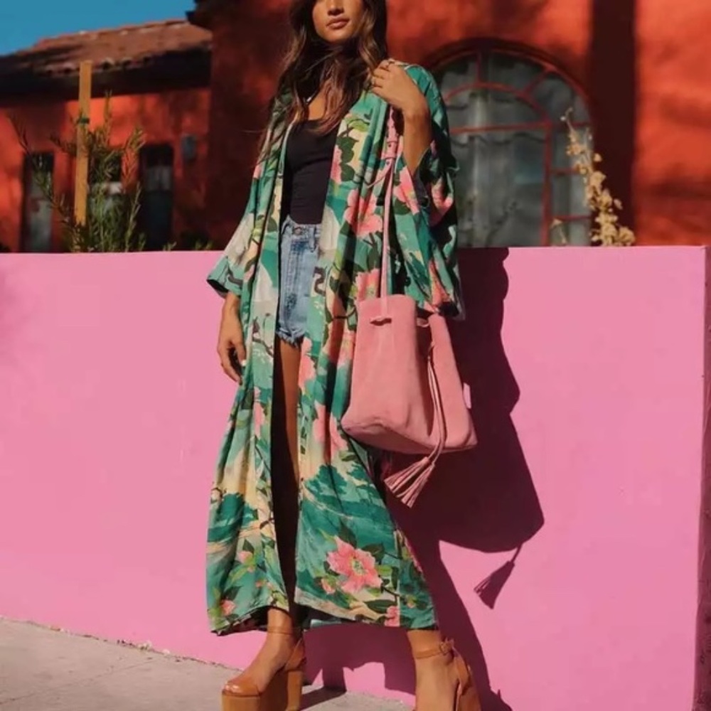 Turquoise Bohemian Crane Floral Kimono Robe - Picture 7 of 12